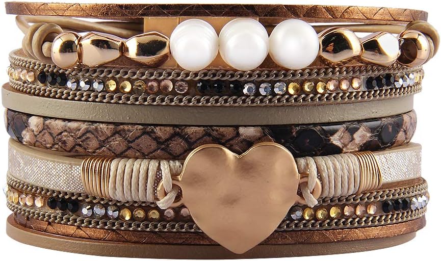 GelConnie Leather Wrap Bracelet Boho Cuff Bracelets Crystal Leather Bracelet Magnetic Multi Strand Bracelets Bohemian Bracelet Leather Wristbands Bangle Jewelry for Women Teen Wife Mother