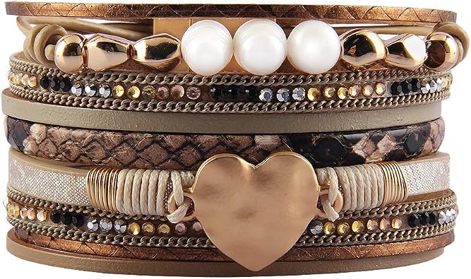 GelConnie Leather Wrap Bracelet Boho Cuff Bracelets Crystal Leather Bracelet Magnetic Multi Strand Bracelets Bohemian Bracelet Leather Wristbands Bangle Jewelry for Women Teen Wife Mother