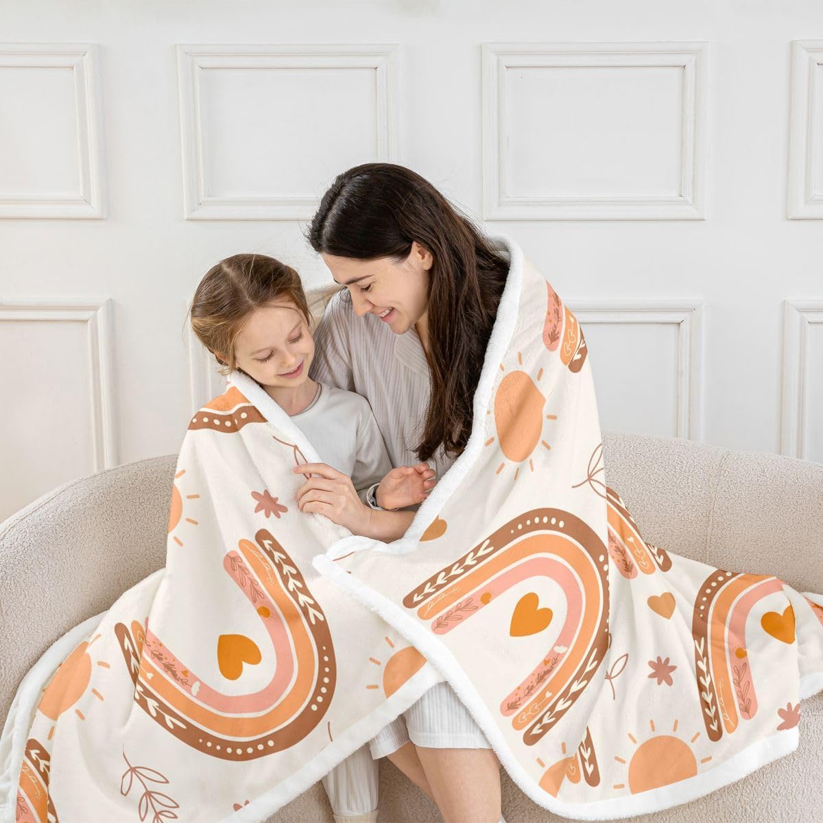Kids Cute Boho Rainbow Sherpa Blanket Twin 60"X80",Boys Girls Bohemian Sun Throw Blanket For Bed Nature Botanical Leaf Fleece Blanket,Cartoon Hearts Stars Flannel Blanket Yellow Pumpkin Orange Beige