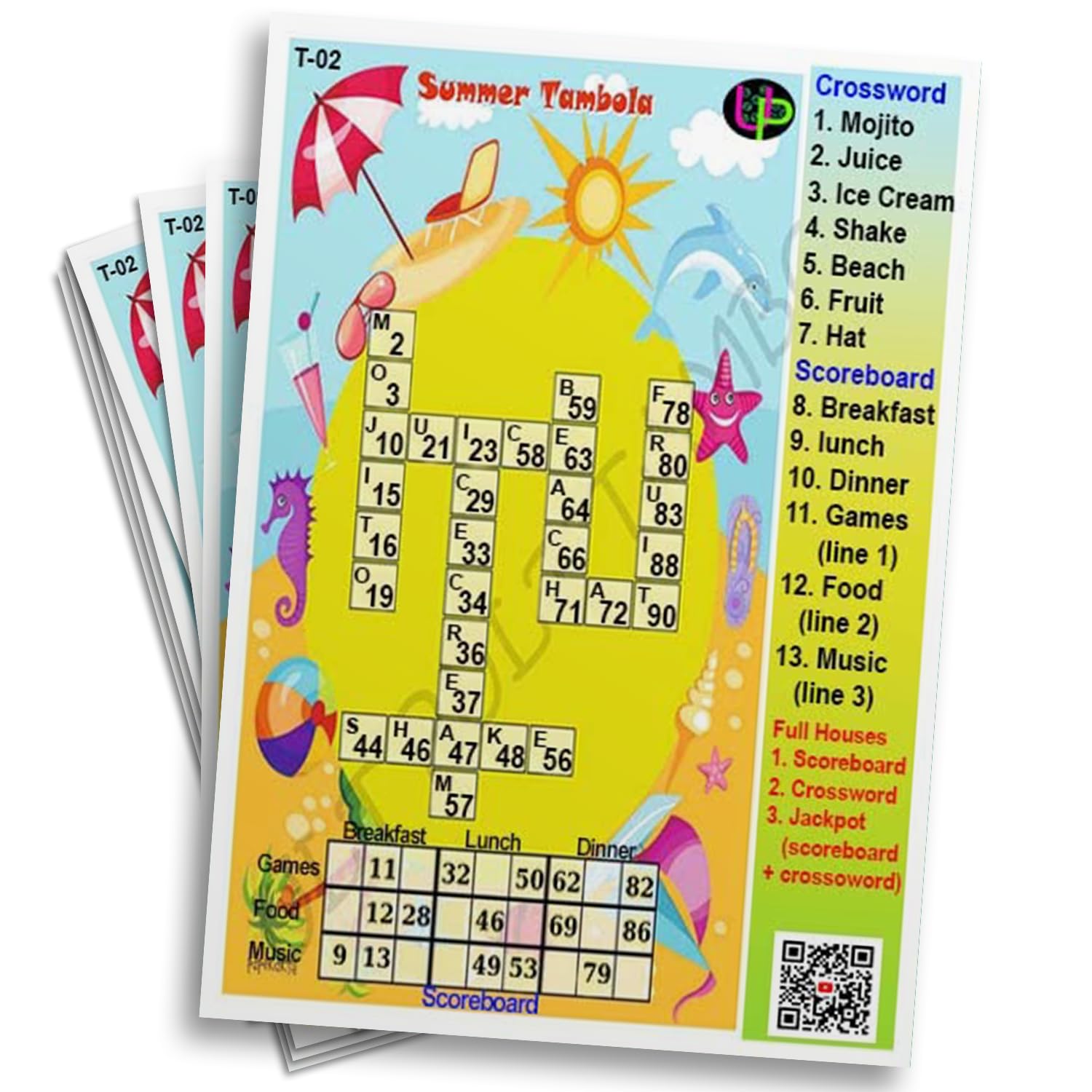 UltPult Tambola Summer Crossword Theme Tambola Tickets - More Dividends | English | Bingo Housie Game Cards for Kitty Party, Friends & Family Gatherings (Set of 15 Tickets)