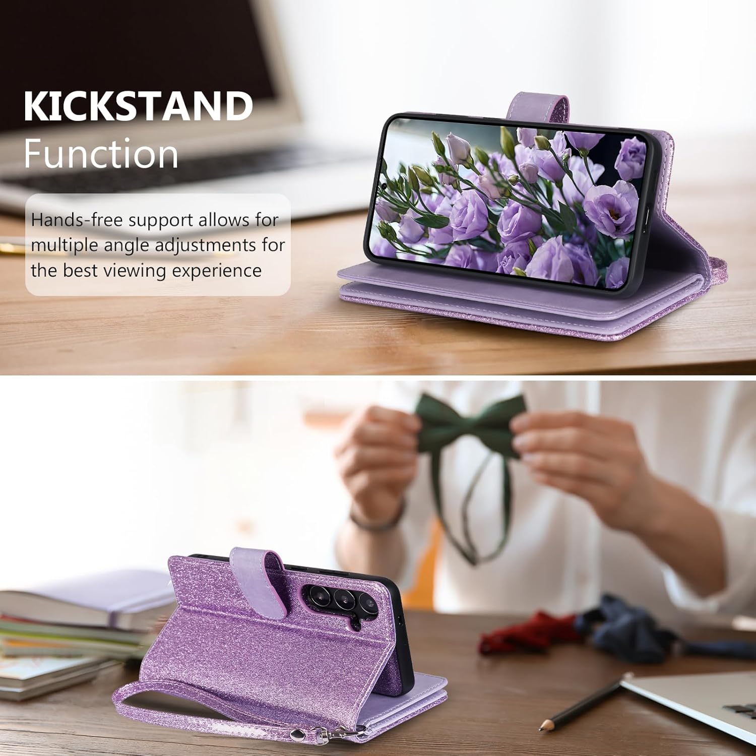 Varikke for Galaxy S23 Wallet Case Detachable with Card Holder for Women, Fashion PU Glitter Leather Strap Magnetic Flip Wallet Removable Phone Case Cover for Samsung Galaxy S23 5G 6.1", Light Purple