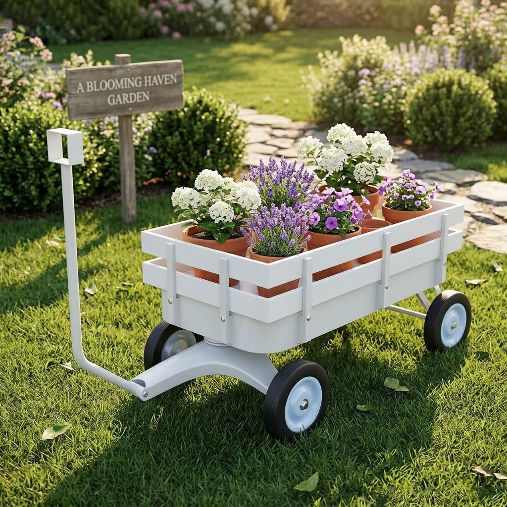 All-Terrain White Wagon Cart for Wedding Flower Girls, Heavy Duty Steel Utility Garden Cart with Handle and Removable Wooden Side Panels (White)