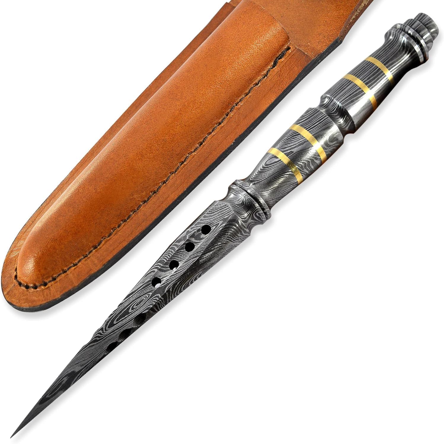 Damascus Tri edge Dagger fixed blade knife Spiral Kris Dagger Knife Cyclone Tri Blades with Leather sheath BWK-J10