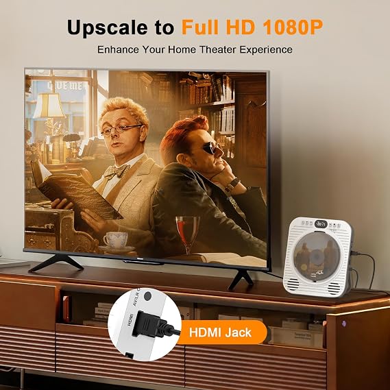 Mini CD DVD Player for TV - Portable Bluetooth CD DVD Player with HDMI & AV Cables, Built-in Speakers, USB/AUX Playback, 1080P Upscaling, Wall-Mountable Compact Desktop Player for Home
