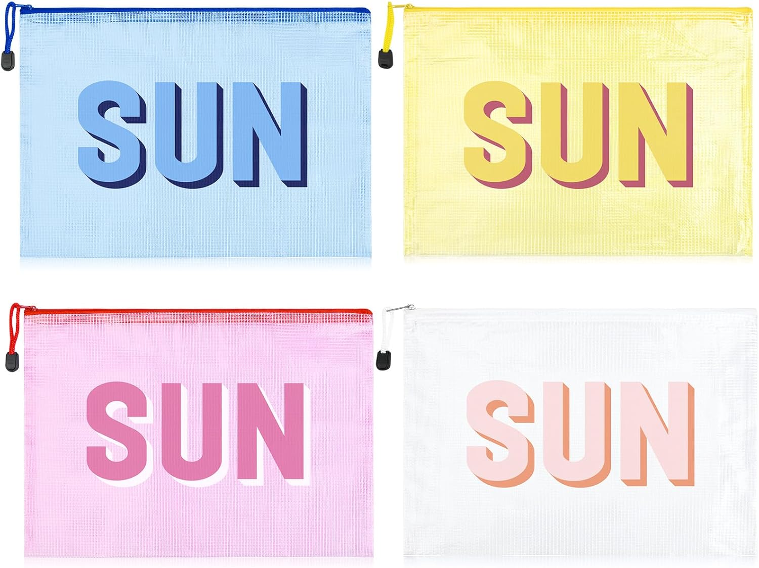 4PCS SUN Makeup Bag Clear Zippered Sunscreen Bag Cosmetic Pouch Waterproof Travel Toiletry Organizer for Women Varsity Letter Patch Beach Pool Essentials