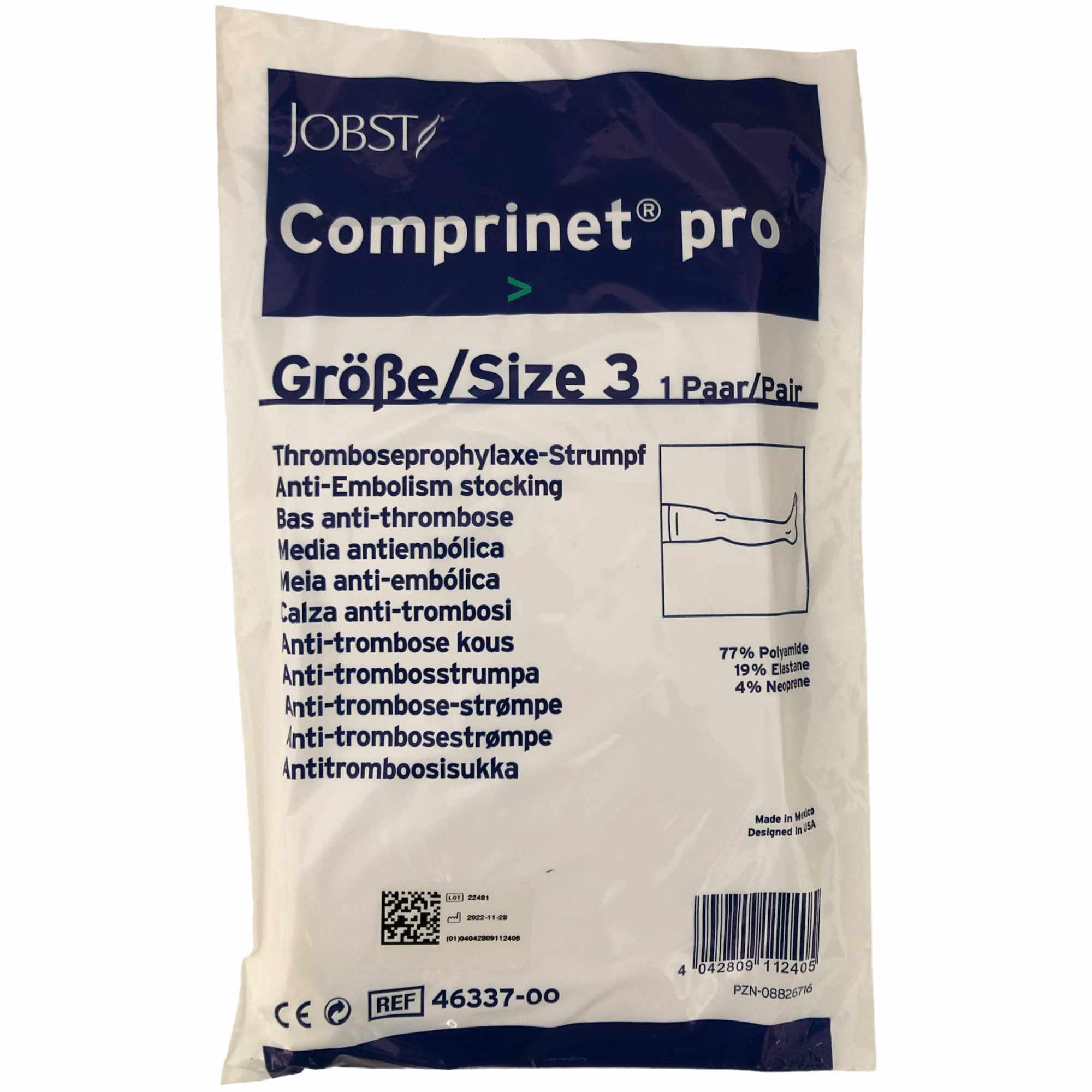 Comprinet Pro Anti-Thrombose Kompressionsstrümpfe oberschenkellang 3er Pack Gr.3 (3x1 Paar) + usy Block