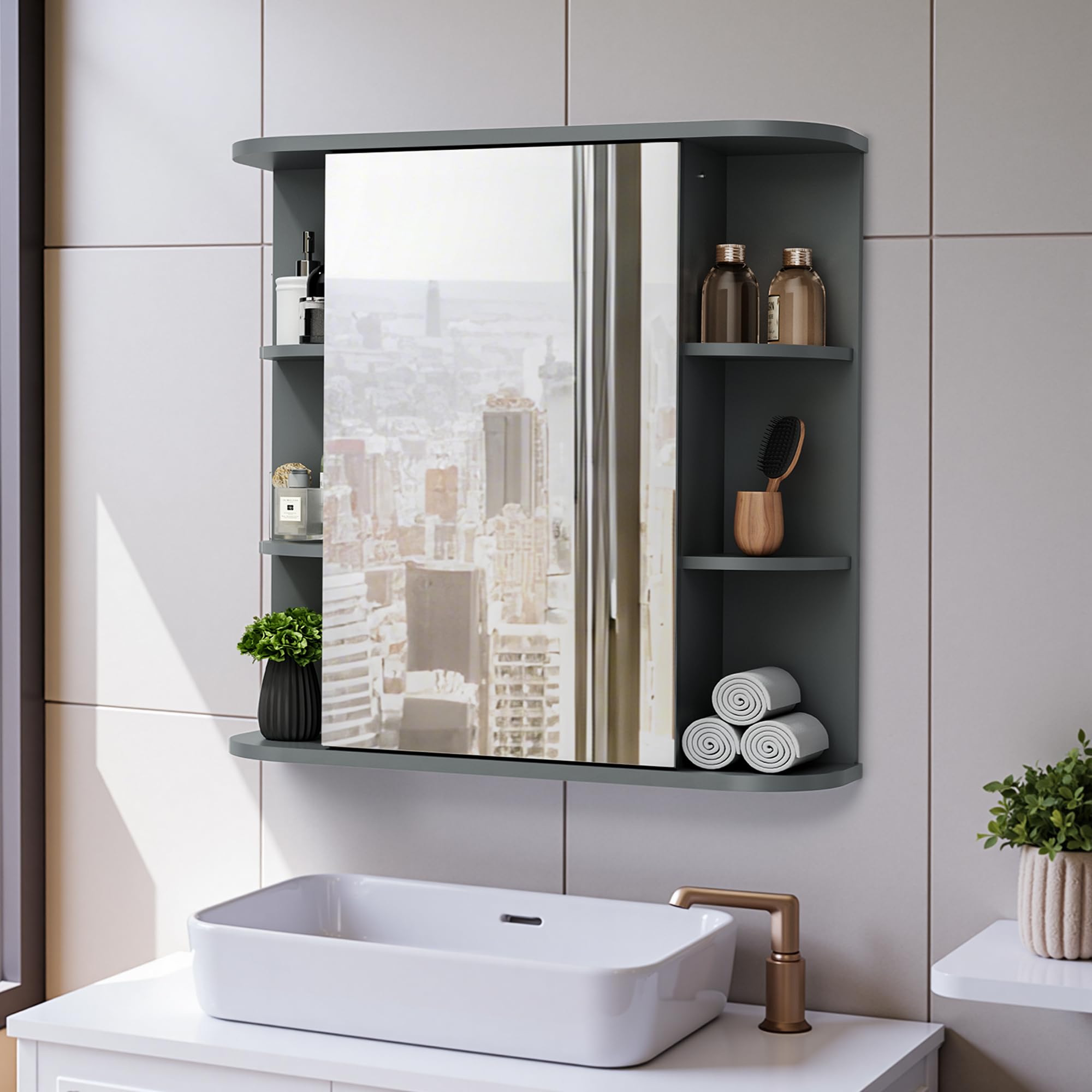 Pamapic Spiegelschränke fürs Bad, Badezimmerschrank mit Spiegel, Hängeschrank Badezimmer mit verstellbaren Ablagen, Schrank mit Badezimmerspiegel, Wandschrank,67,5 x 60 cm, Grau
