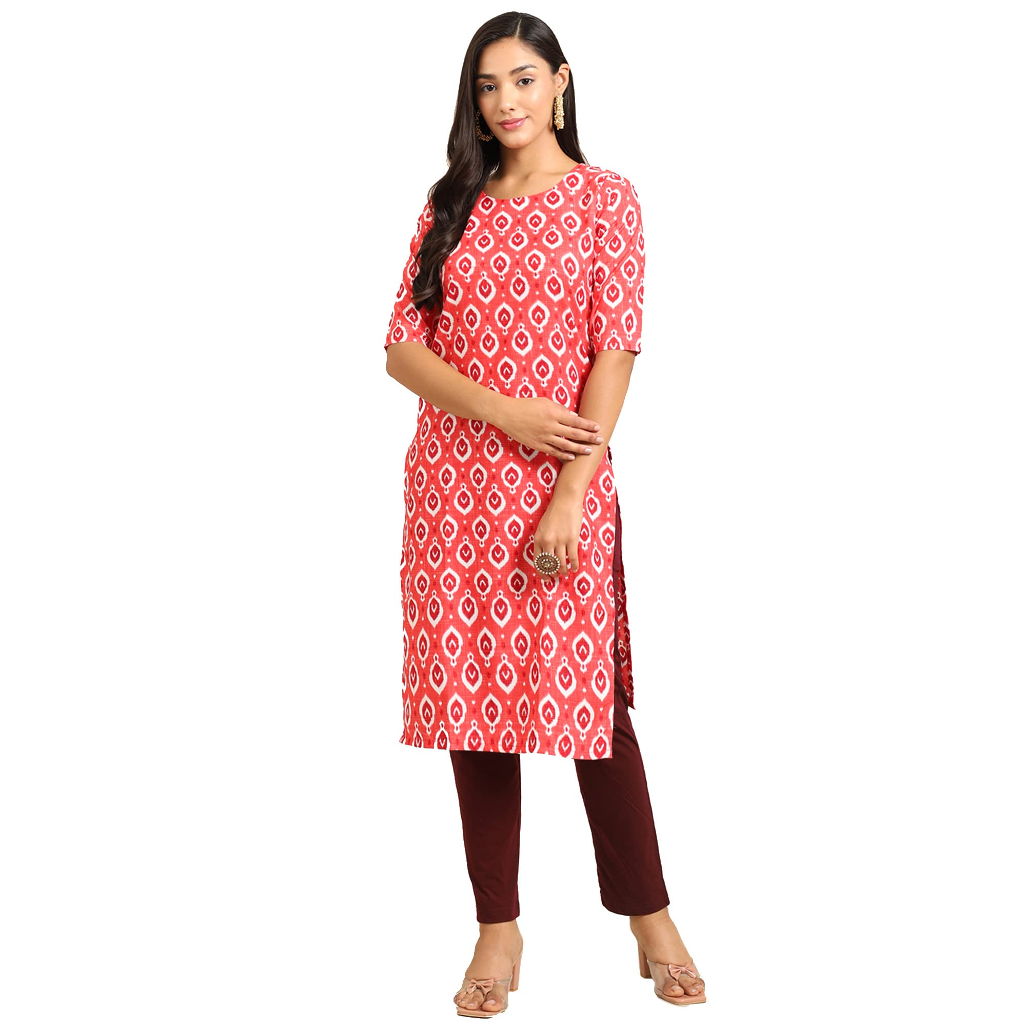 Pinkmint Women's Crepe Peach Color Block Printed Straight Kurti (Ri-530346-Xxl)