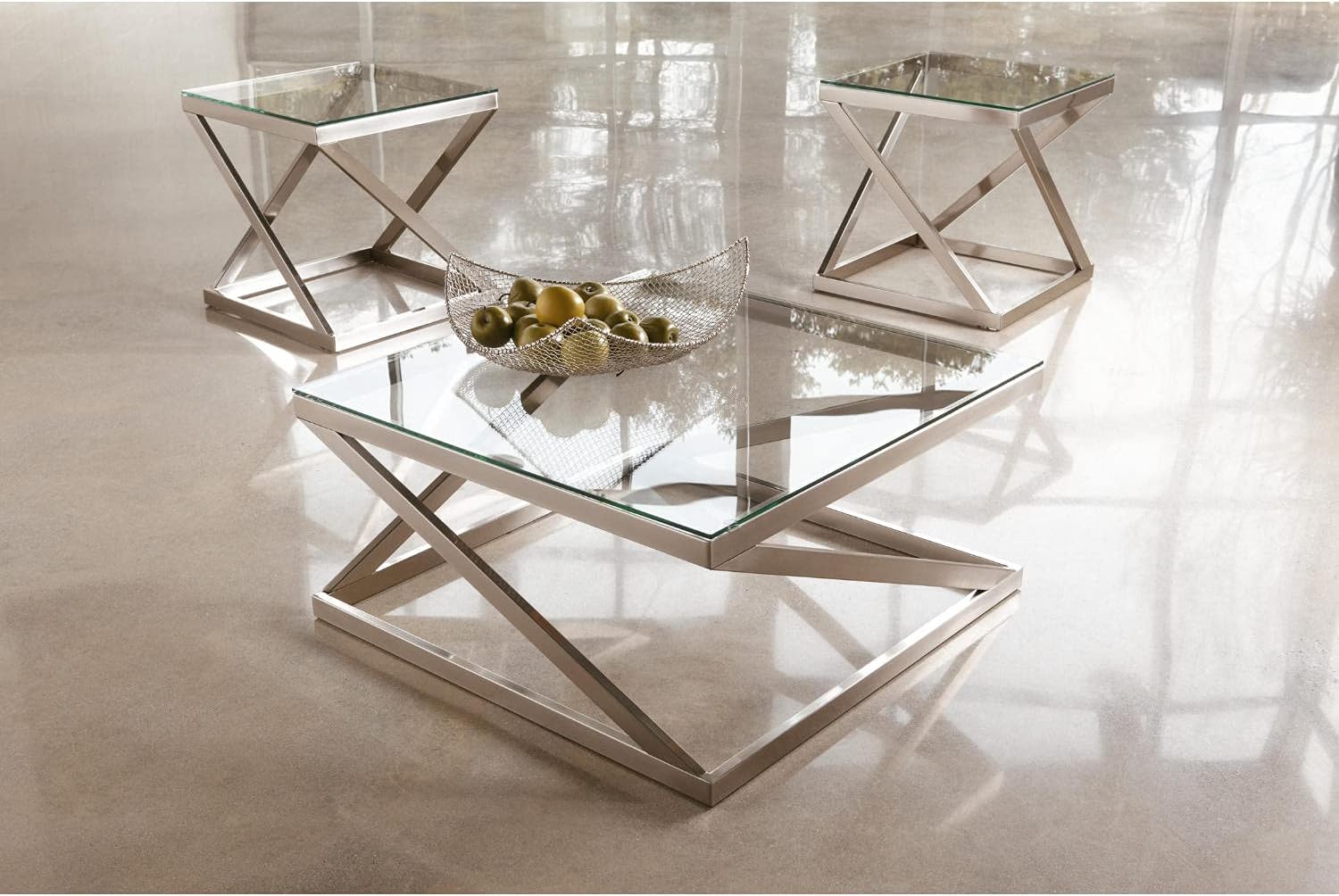Signature Design by Ashley Coylin Modern Square Coffee Table with Beveled Glass Top, Silver