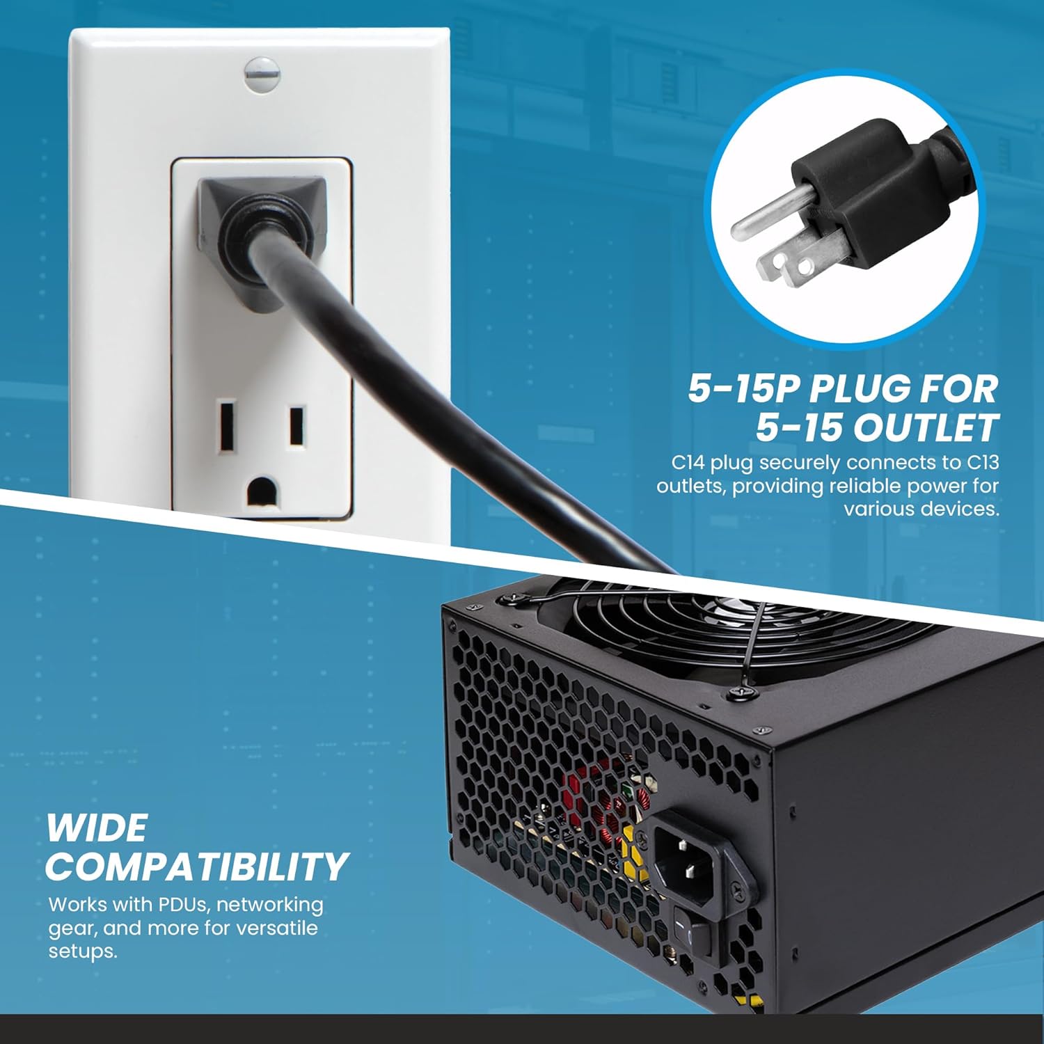 IronBox Electric NEMA 5-15P to 2X C13 Y Splitter Cords -15A, 125V, 14/3 SJT - UL Listed AC Power Cord - Heavy Duty Power Extension Cable for Data Centers, Computers, Monitors & More (8ft + 2ft Legs)