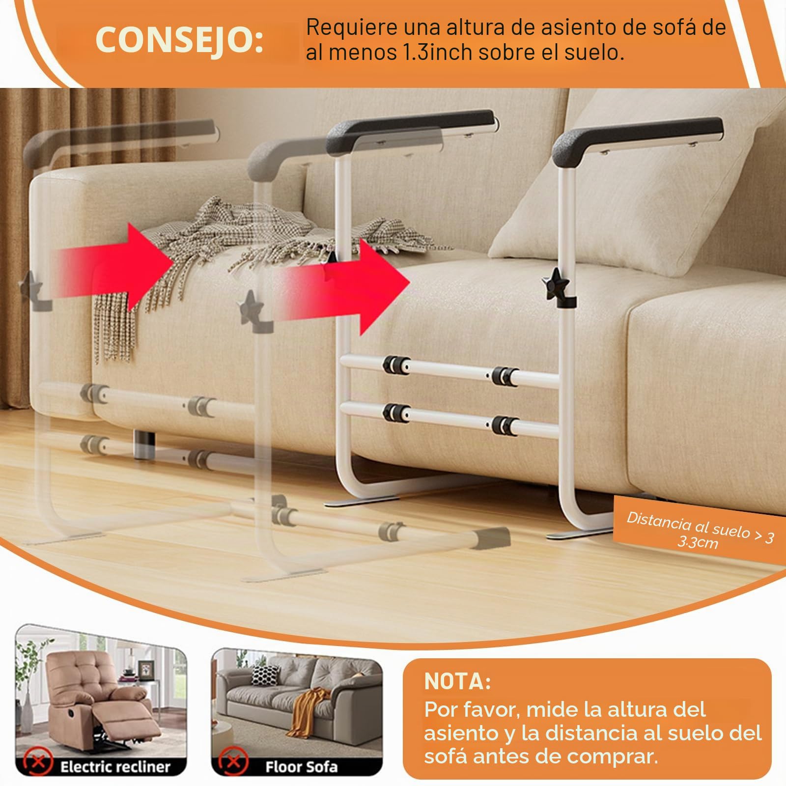Ayuda para Levantarse del Sofá y Sillón para Personas Mayores, Soporte Ajustable con Capacidad de 200 kg, Altura y Anchura Regulables, Asas Antideslizantes – Ayuda a la Movilidad para Sillón y Sofá