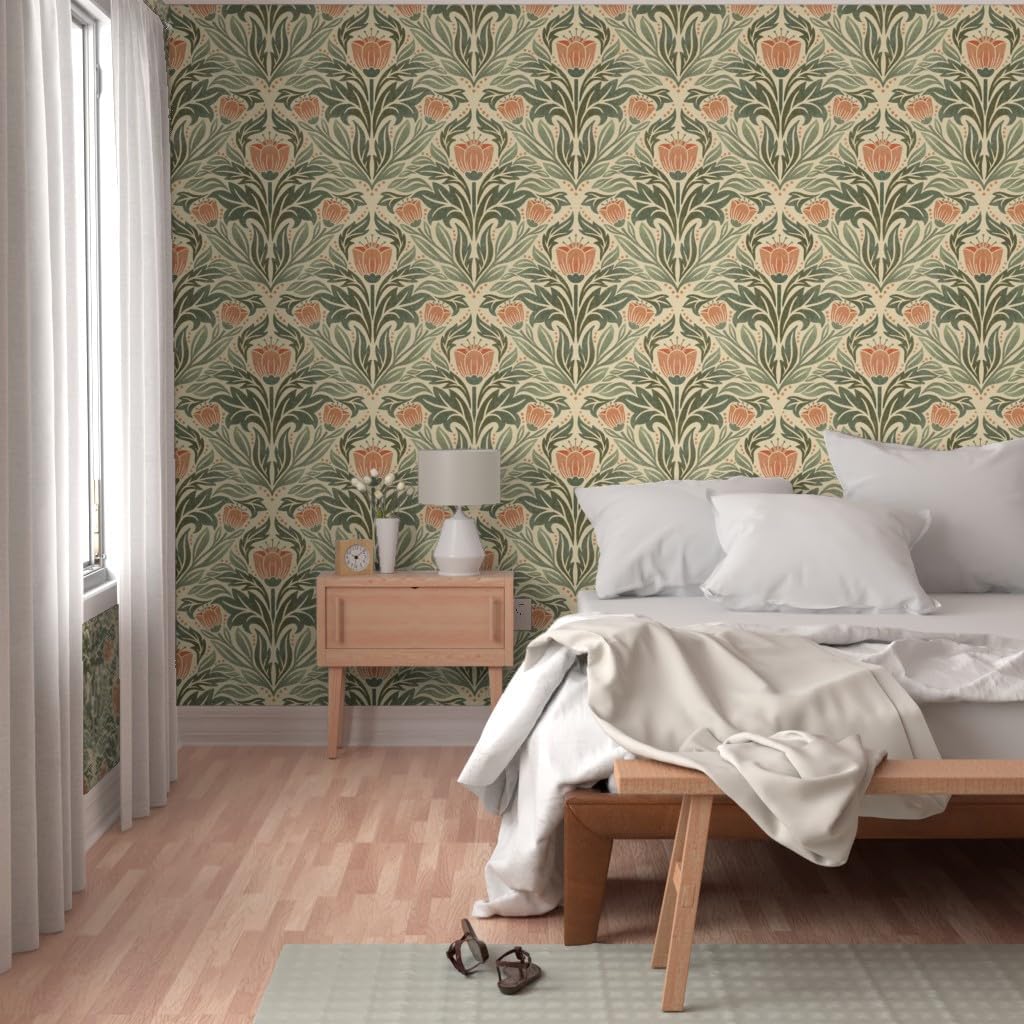 Spoonflower Removable Wallpaper Swatch - Block Print Floral Orange Tulip Damask Rustic Farmhouse Flowers Green Leaves Custom Pre-Pasted Wallpaper