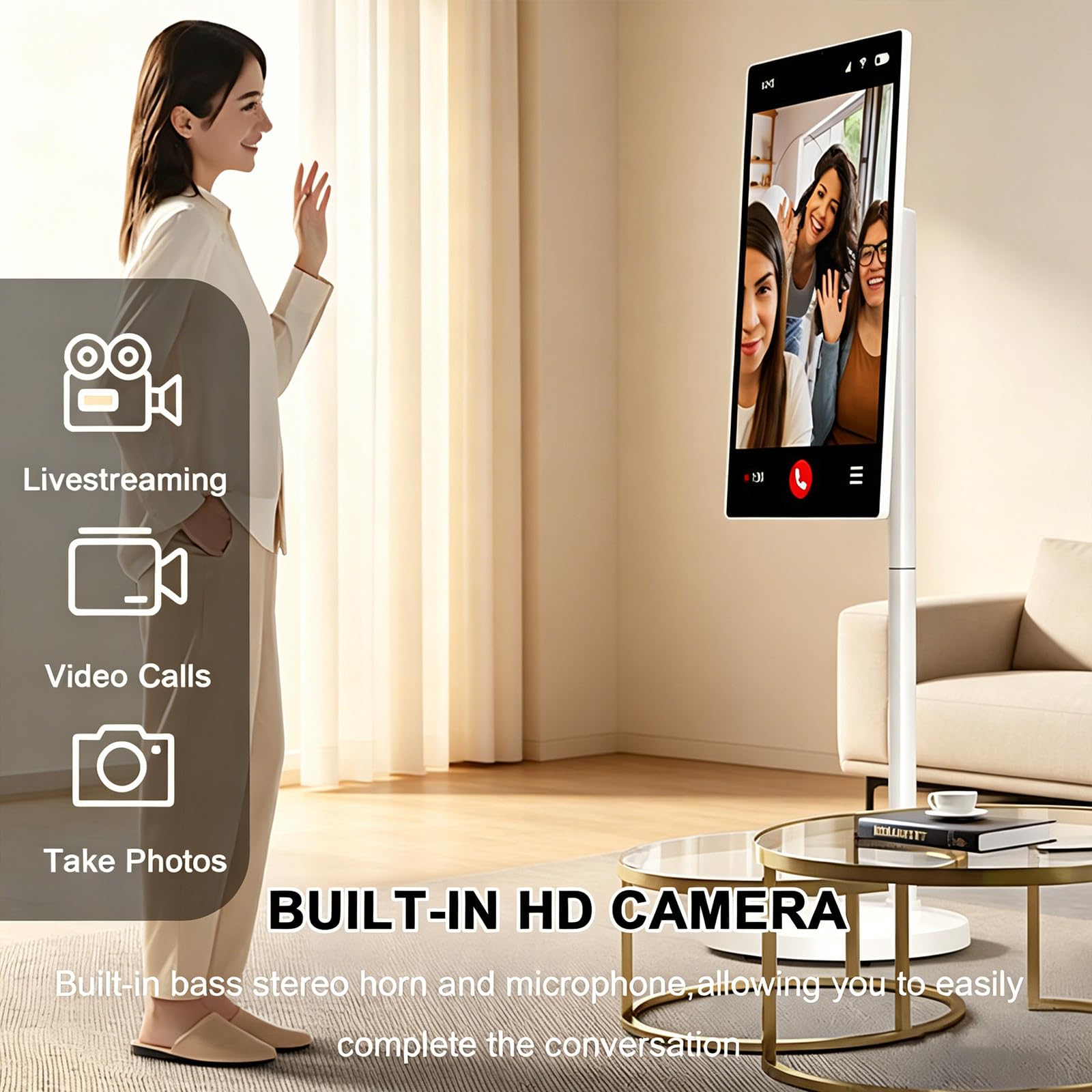 Téléviseur Intelligent Portable 21.5"/24"/27"/32", Support TV Mobile, Moniteur Tactile sur Pied, Moniteur Tactile 1080p sur roulettes, Rotation Complète 21.5in-8+128GB(1080P)