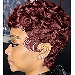 MOONSHOW Short Pixie Wigs for Black Women Wine Red Pixie Cut Wig Burgundy Short Curly Wigs for Black Women Synthetic 99J Color Short Hair Wig for Women Wine Red Layered Pixie Wigs(Burgundy)