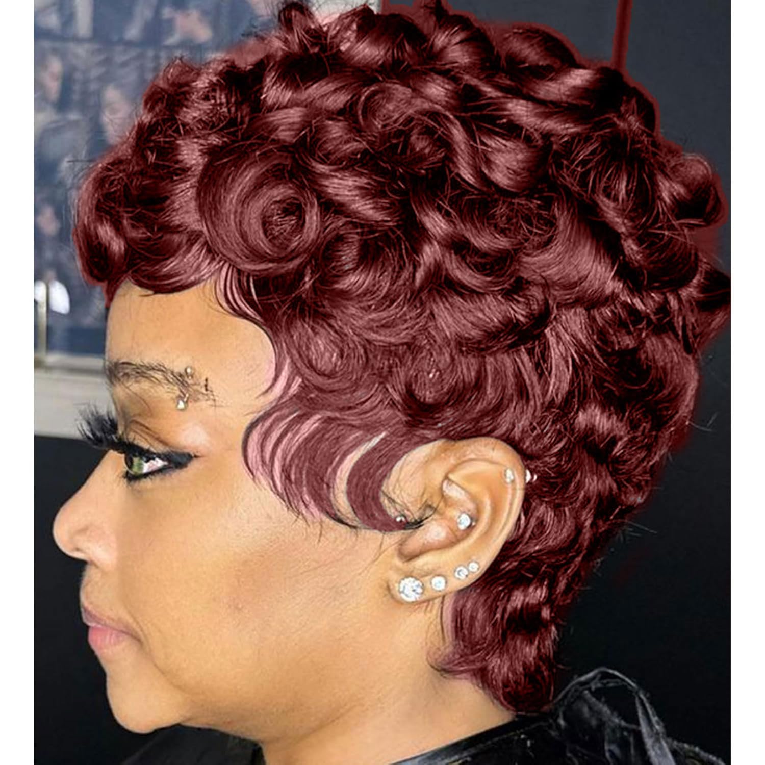 Red wine wig short mix black ISHINE Short Human Hair Wig with Bangs - Burgundy Pixie Cut  main image 2