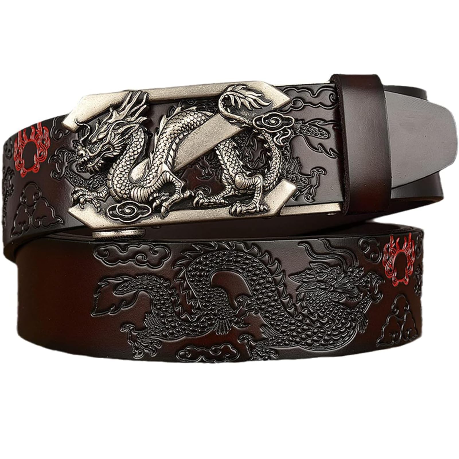 BDAYEK Men's Belt Genuine Leather Belt With Engraved Automatic Dragon 3D Buckle For Men Women Casual Trouser Black(Coffee,125Cm/49)