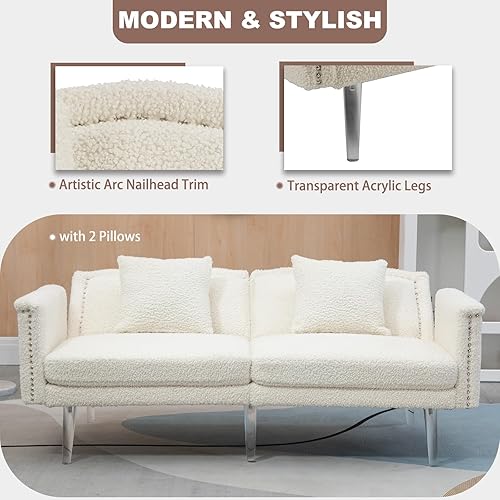 Miniatura 4 de Luxyhome - Sofá cama matrimonial, futón, sofá biplaza de tela de peluche con patas acrílicas, remache, sofá cama convertible para sala de estar,