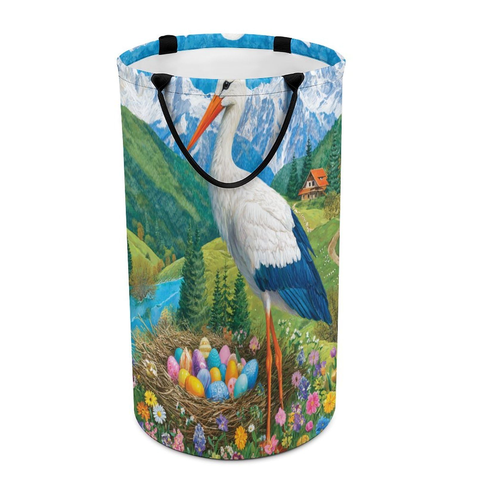 LUYYSKY Beautiful Classic Bird Crane Versatile Storage Laundry Basket, Colorful Watercolor Spring Landscape Colorful Eggs Animal Crane Large Capacity Bathroom Hamper With Handle