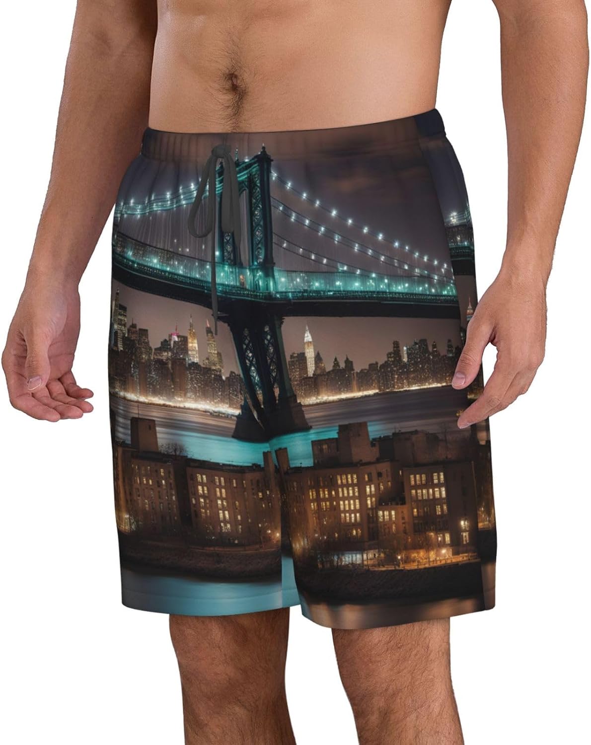 New York Manhattan Bridge Night Print Men's Quick-Drying Shorts Casual Beach Pants Stretch Waist Shorts and Pockets