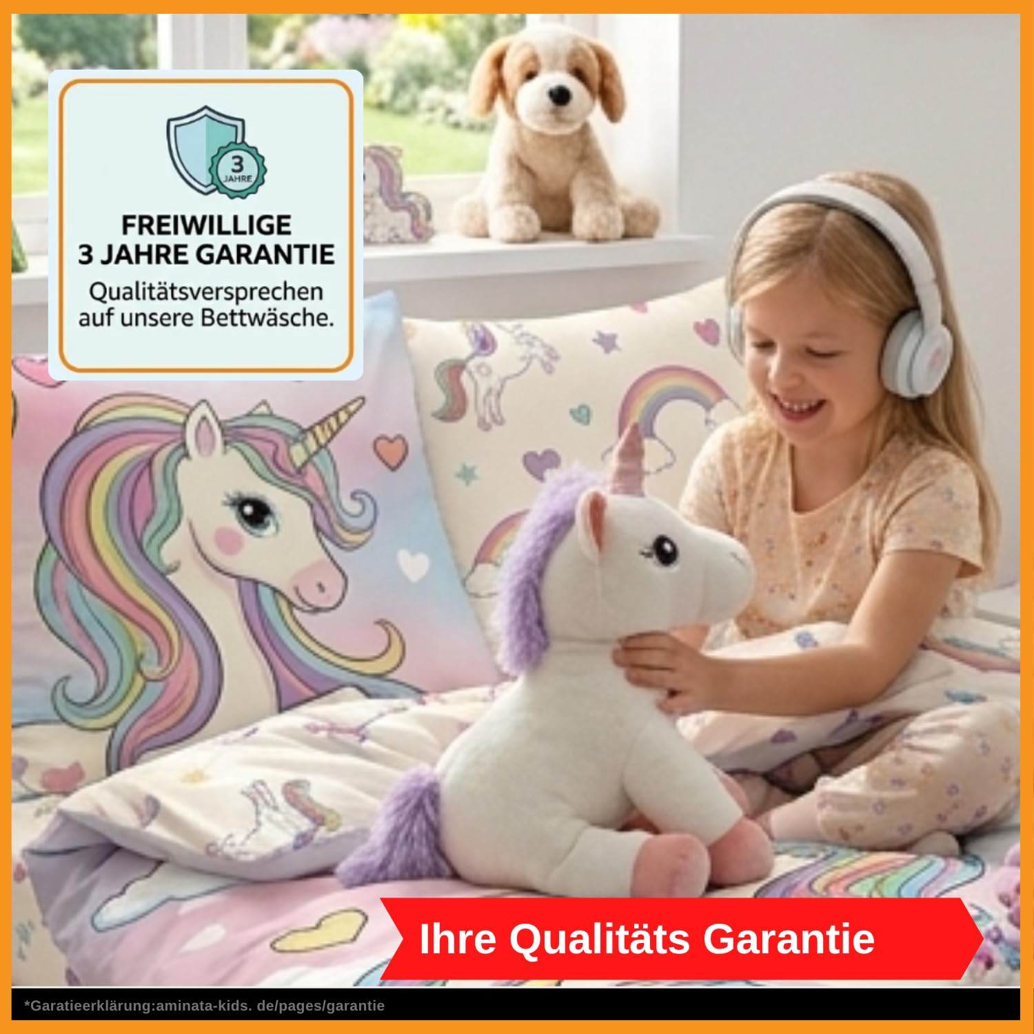 Aminata kids Bettwäsche 135x200 Einhorn-Motiv Mädchen 100% Baumwolle