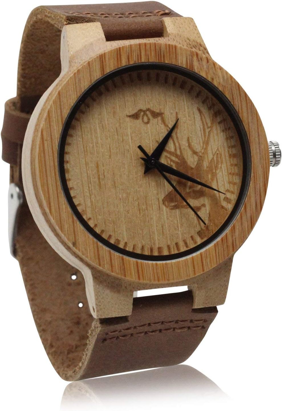 Angie Wood CreationsBamboo Men’s Watch with Deer Engraving and Leather Strap