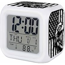 American Flag Square Digital Alarm Clock, Black US Flag Eagle LED Bedside Clock with Silent Non-Ticking Movement & Adjustable Glow Night Light, Easy to Set for Bedroom, Kids/Teens/Seniors