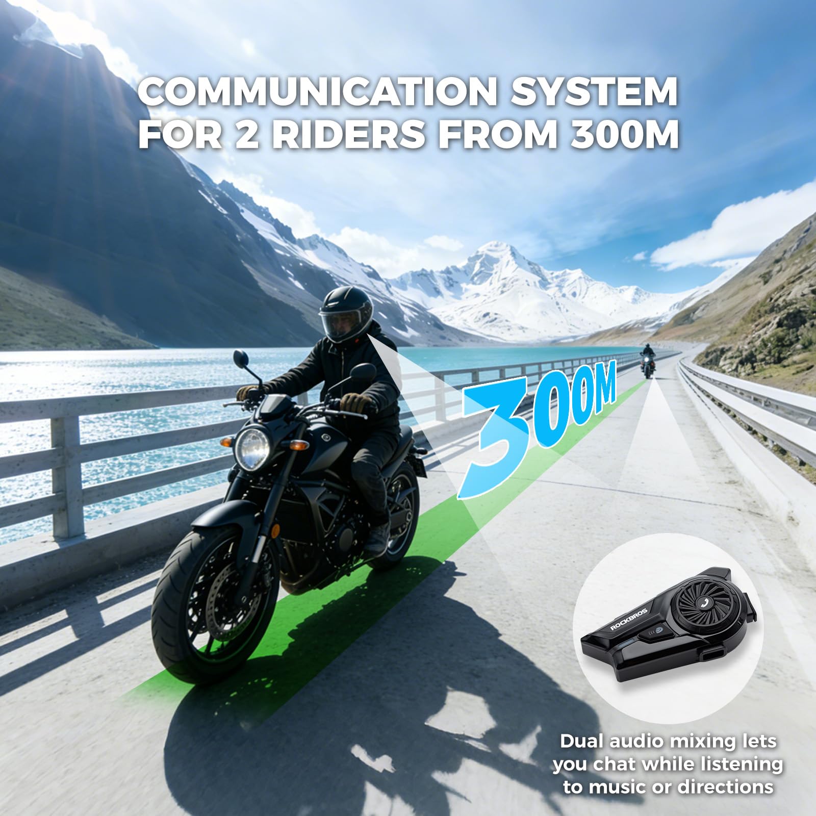 ROCKBROS Intercomunicador para Casco Moto Bluetooth, Auriculares con Sistema de Comunicación de 300 m, Llamadas Manos Libres, Asistente de Voz, Altavoces HD, IP56 Impermeable