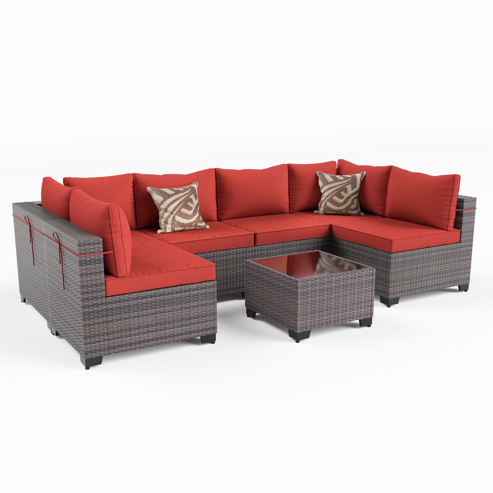 Kullavik 7 Pieces Outdoor Patio Furniture Set,Wicker Outdoor Sectional Sofa,All-Weather Patio Conversation Sets with Washable Thick Cushions & Coffee Table for Garden,Backyard,Balcony,Porch,Red