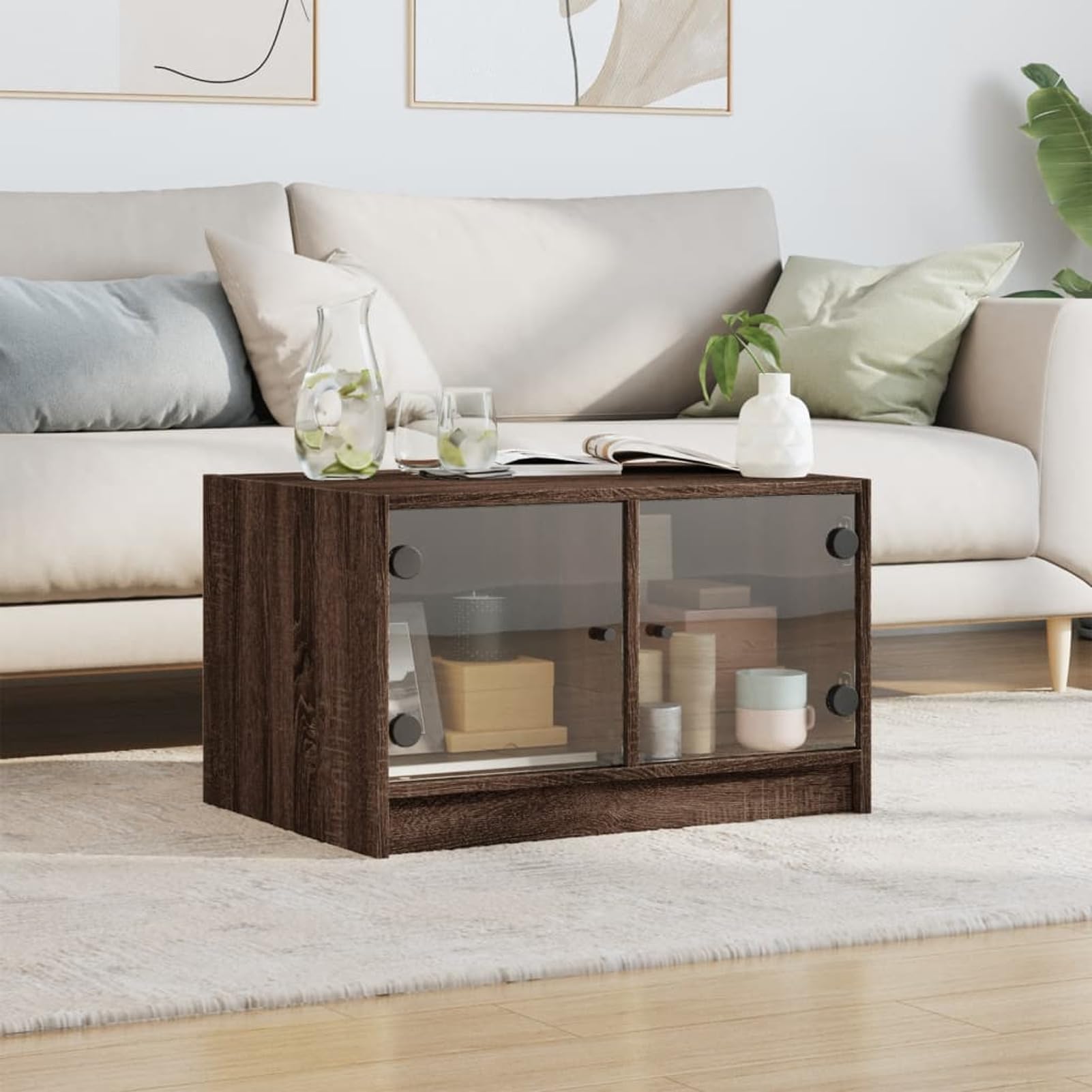 Homgoday Tavolino da caffè con ante in vetro rovere marrone, 68 x 50 x 42 cm, tavolino da tè per soggiorno, sala d'accoglienza degli ospiti, camera da letto e ufficio
