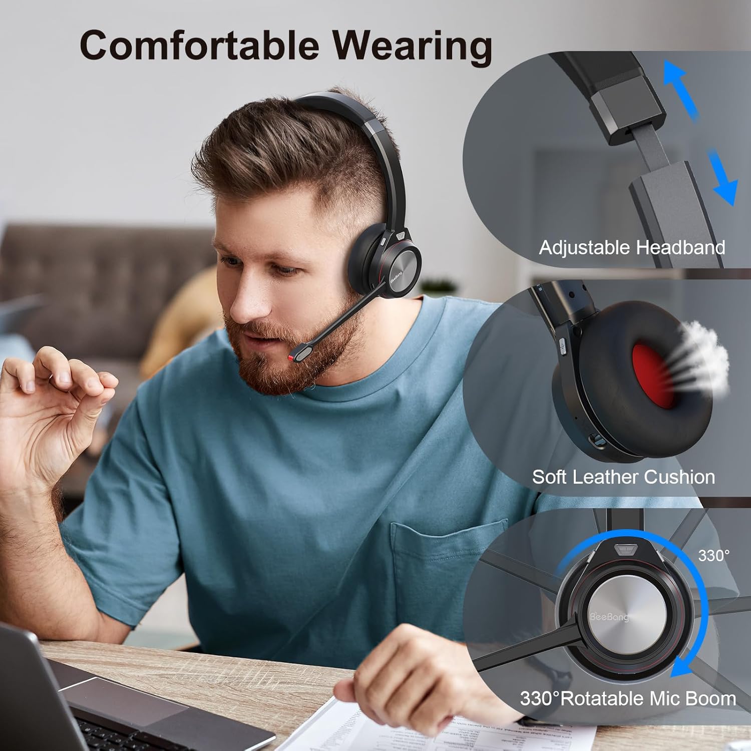 Bluetooth Headset with Microphone & Mute Button, 30 Hrs Working Time, Mono Noise Cancelling for PC Laptop Teams Zooms Work Business Meeting - Image 6