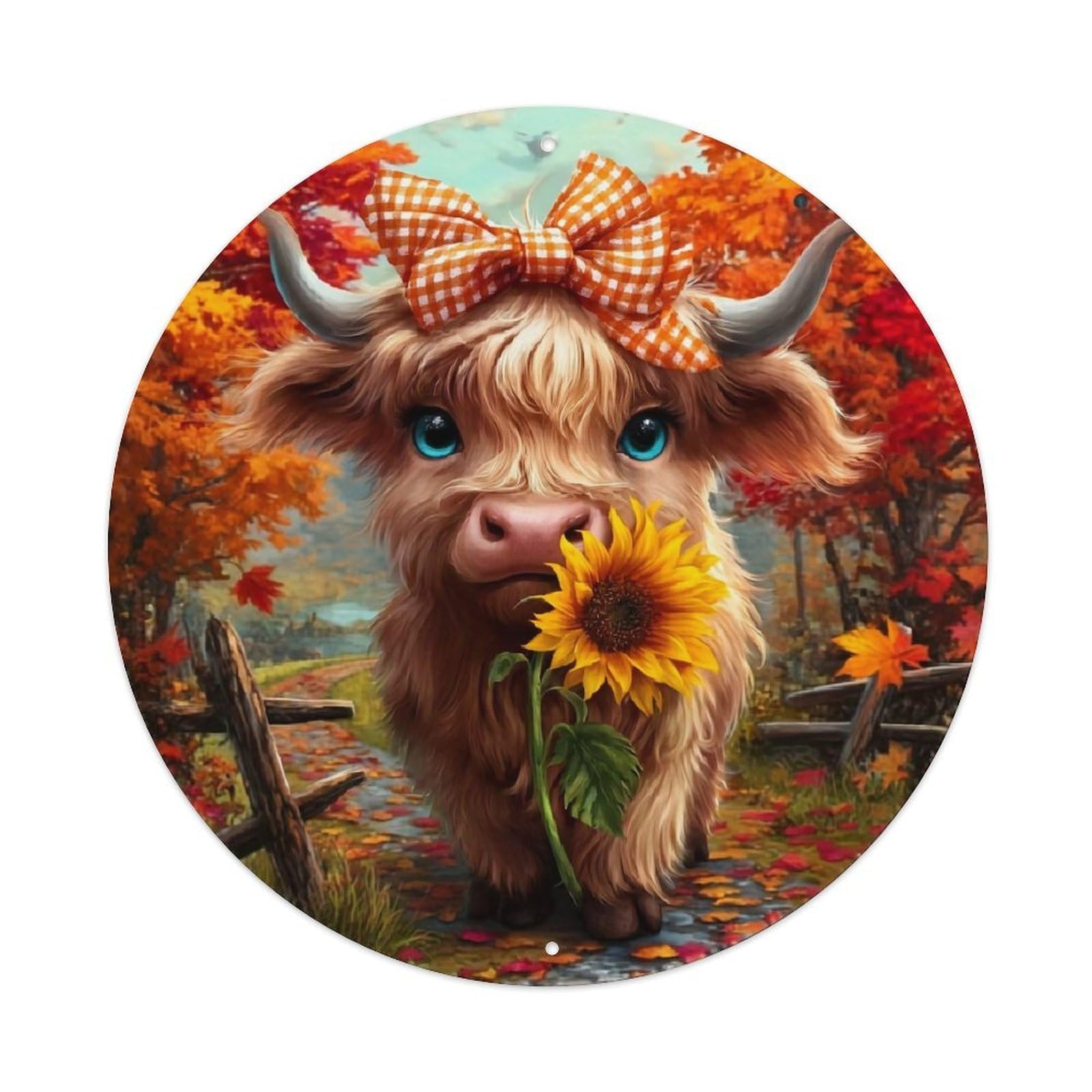 Autumn Cow Sunflower Bow Forest Metal Tin Sign Plaque