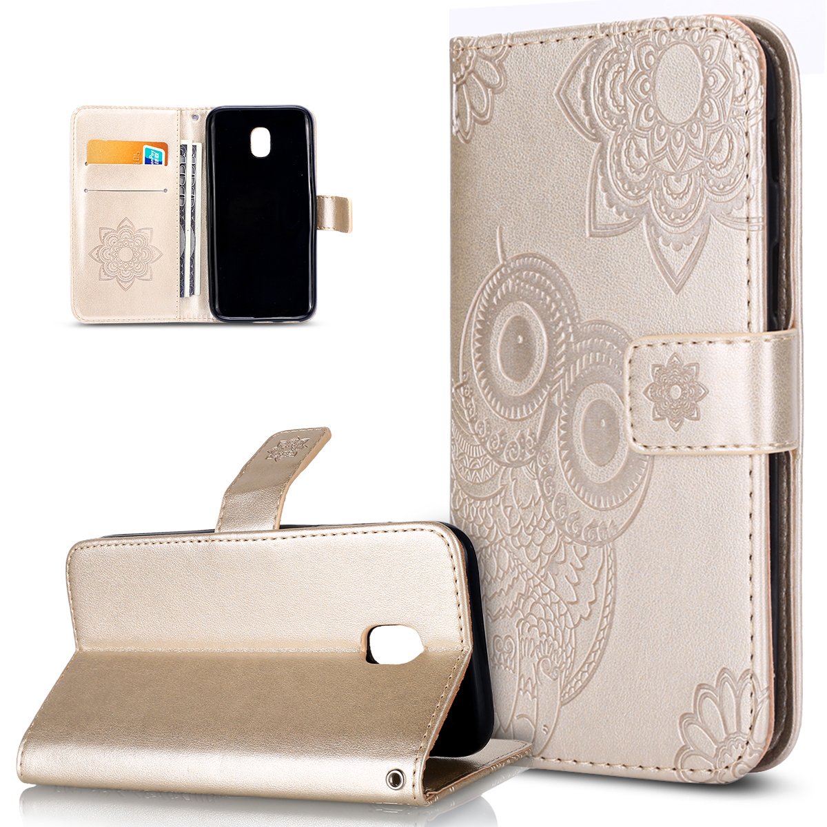 Galaxy J3 Emerge Case,Galaxy J3 2017 Case,ikasus 3D Relief Embossed Henna Mandala Floral Owl PU Leather Fold Flip Wallet Cover Stand Protective Case Cover for Galaxy J3 Emerge /J3 (2017),Gold
