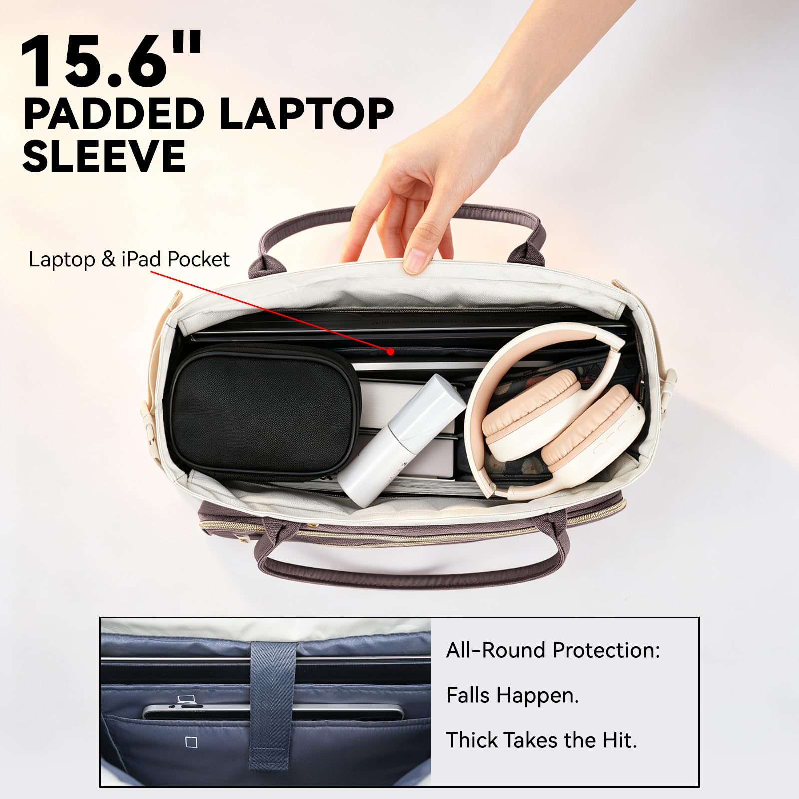 VANKEAN Borsa per computer portatile da donna, 15,6 pollici, borsa da lavoro impermeabile, borsa a tracolla per computer, borsa grande per lavoro, viaggi d'affari, beige/caffè