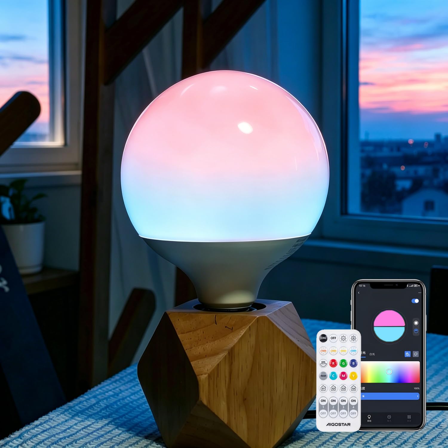 Aigostar 18W 1800LM Bombilla LED Inteligente E27 G120 Bluetooth Mesh Compatible con Alexa/Bombilla Inteligente RGBW Gradiente/Regulable 16 Millones de Colores/Incluye Control Remoto