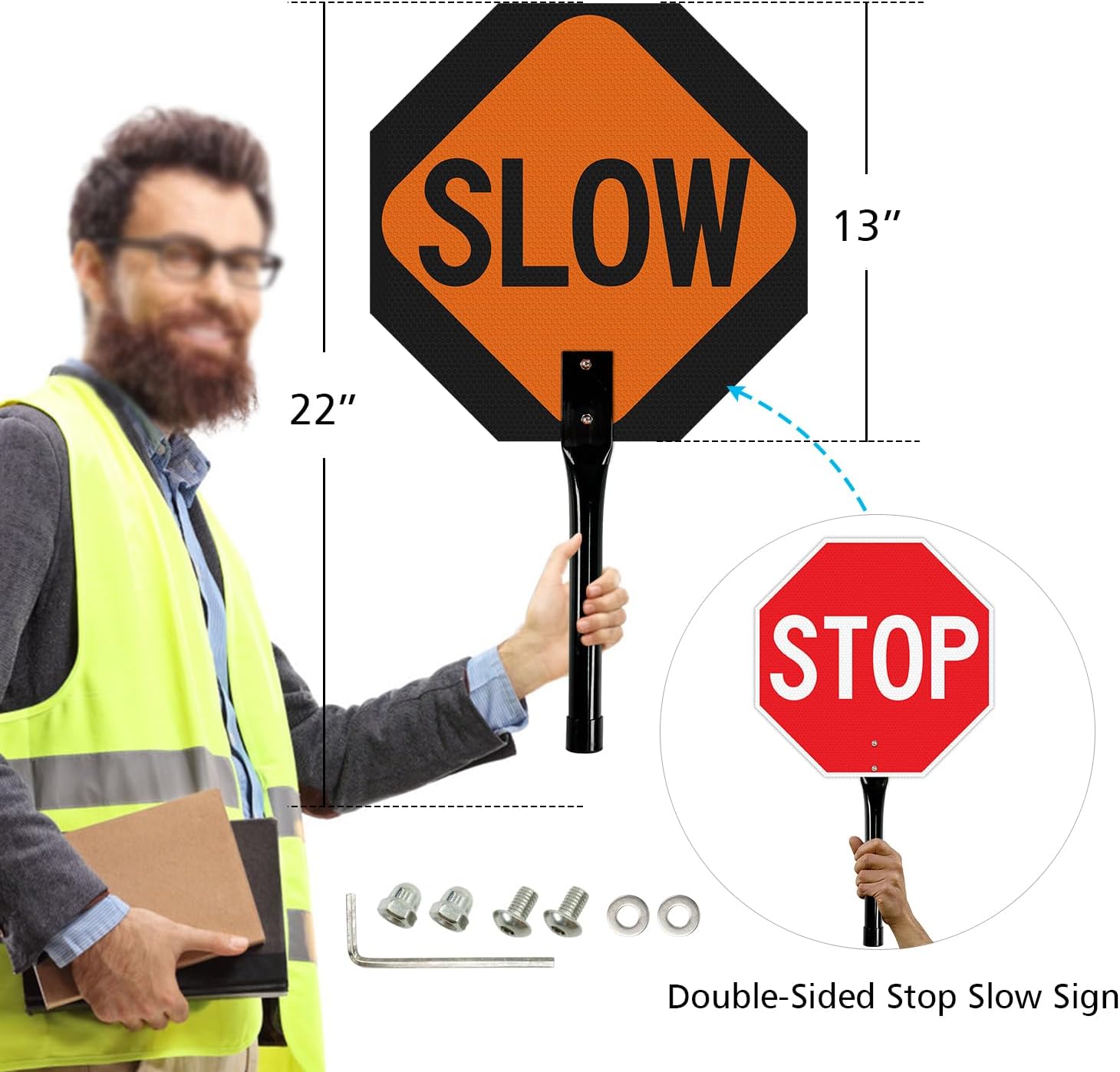 GicnKeuz 4 Pack Stop Slow Sign with Metal Handle, 13x13 inches Double Sided Slow/Stop sign, Traffic Reflective Aluminum Sign, Fade Resistant/Waterproof, Easy to Mount (Red & Orange)