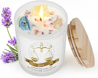 Libra Zodiac Scented Candle with Crystals and Healing Stones - Relaxing Lavender Aroma, 7 oz