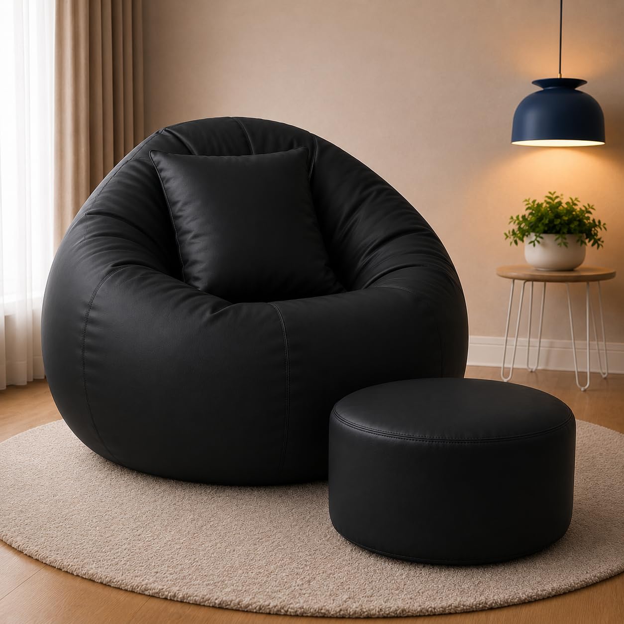 4XL Tear Drop Bean Bag with Footrest & Cushion | Premium Leatherette Bean Bag Cover | XXXXL Lounger Chair for Living Room | Without Beans | Upto 150 Kg (Black, XXXXL)