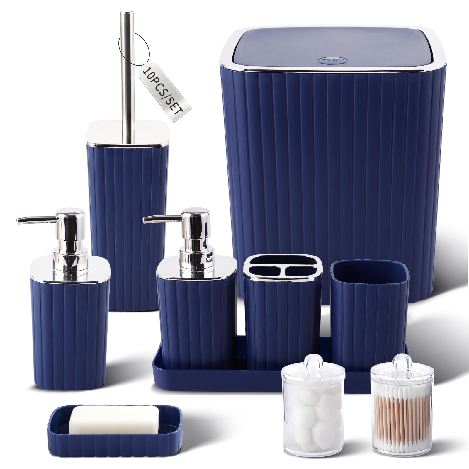 XLHOMO Navy Blue Bathroom Accessories Set - Gorgeous Bathroom Set, 10PC Bathroom Accessory Set, Toilet Brush, Trash Can, Qtip Holder Dispenser & Soap Dispenser