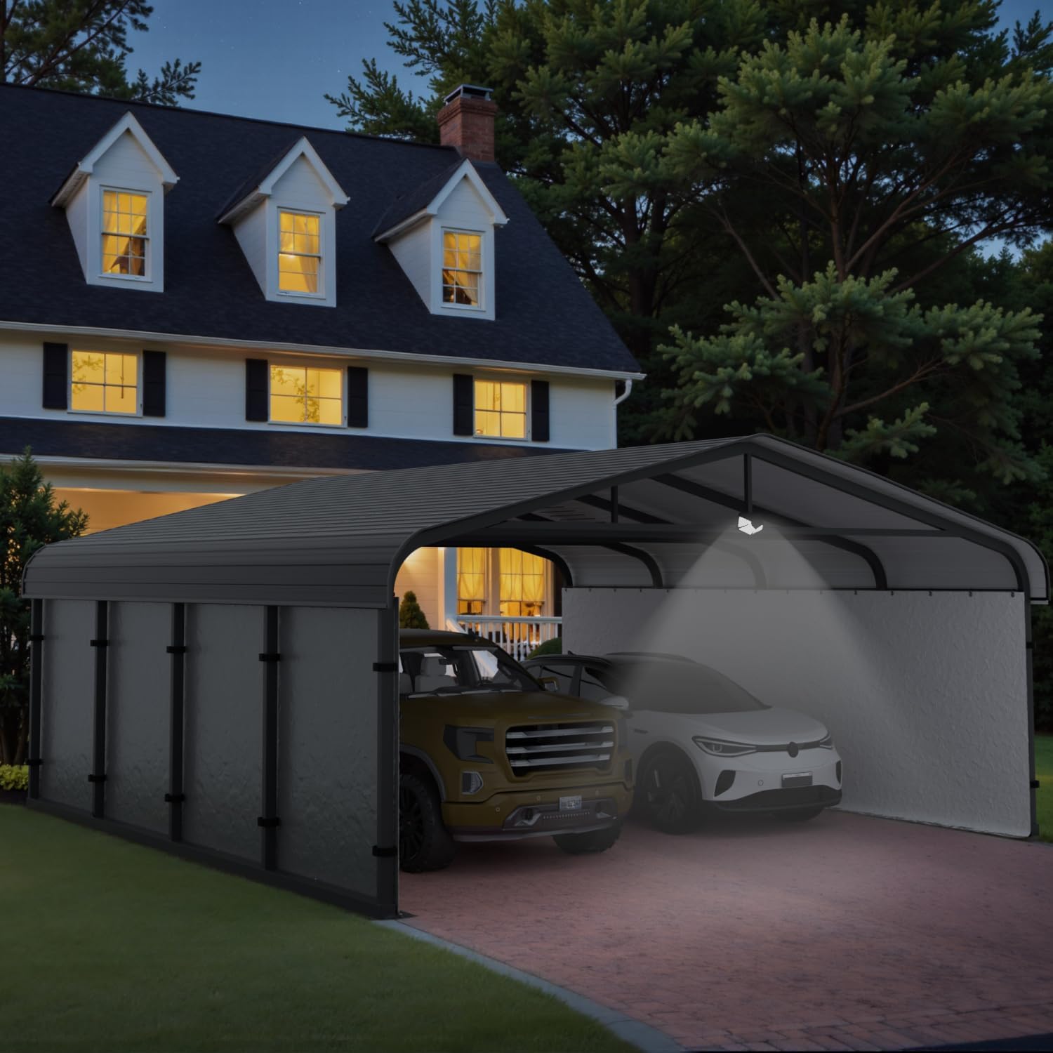 Carport at night with solar light illumination