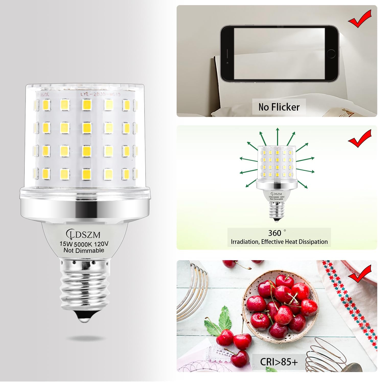 E17 Super Bright LED Bulb,15W Intermediate E17 Base LED G14 Bulbs,120 Watt Equivalent 1200lm 5000K Daylight Ceiling Fan Light Bulbs, Non-Dimmable Chandelier Light Bulb, Pack of 4
