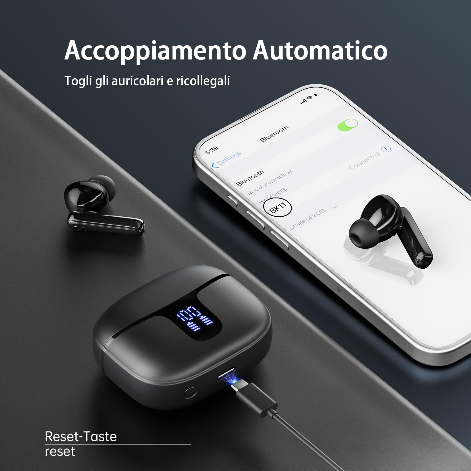 Cuffie Bluetooth 5.3 Stereo HiFi con 4 ENC Mic Cancellazione Rumore, Auricolari Wireless 40H LED Display, In Ear IP7 Impermeabili, USB-C Sport Nero - Vista 7