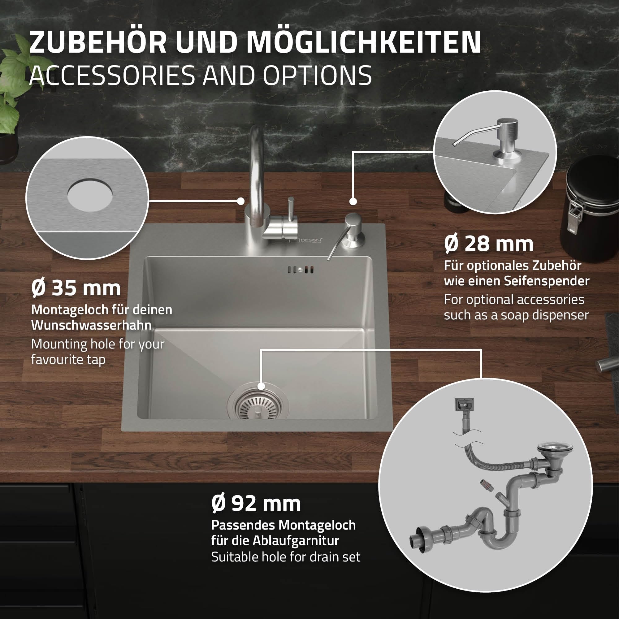 ML-Design Lavello in Acciaio Inox 45x45 cm Lavabo da Cucina Quadrato Argento 1 Vasca Lavandino da Incasso con Set di Scarico e Troppopieno Vasca Singola con Sifone