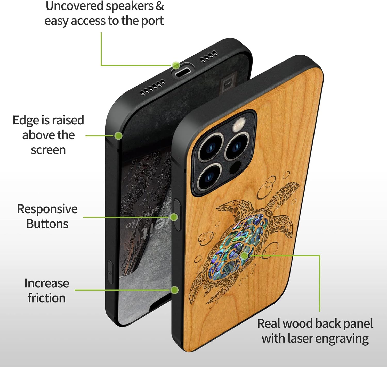 Carveit Designer Wooden Protective Case for iPhone 12 Pro Max Magnetic Cover [Wood Engraving & Shell Inlay] Wood Phone Case Compatible with 12 Pro Max MagSafe 6.7 Inch (Sea Turtle-Cherry)