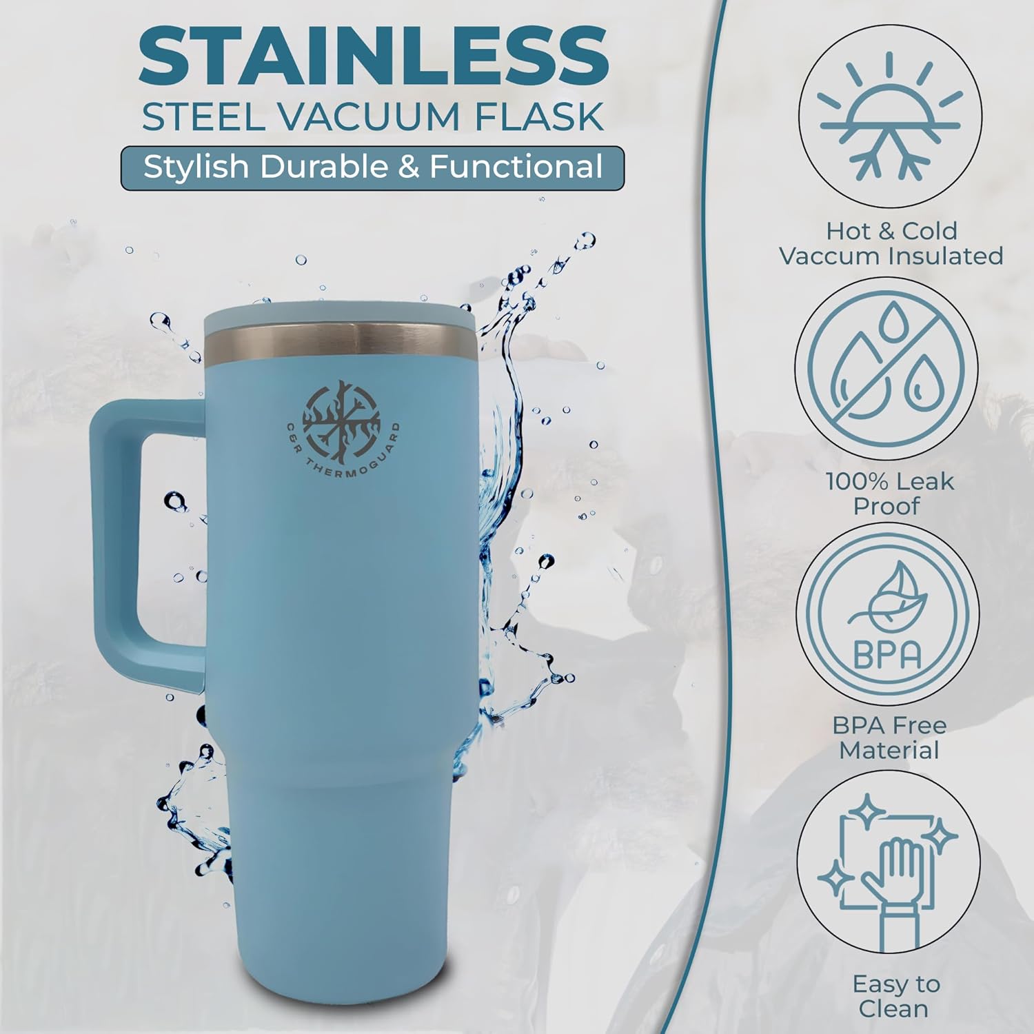 Tumbler with Handle and Straw Lid, Insulated Cup Reusable Stainless Steel Water Bottle Travel Mug, Modern Cupholder Friendly Vacuum Sealed Tumbler for Water, Iced, Tea & Coffee (Blue, 40 OZ) - Image 2