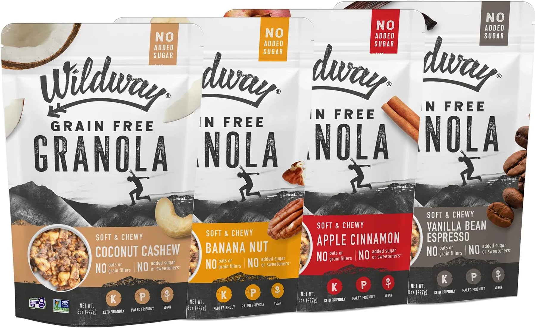Wildway Keto Granola | Variety Pack | Grain-Free, Certified Gluten-Free Cereal | Vegan, Low Carb | No Sugar Added | Paleo-Friendly | Non-GMO Fruit & Nut Clusters | Nutrient-Rich Snack | 8 oz, 4 Pack
