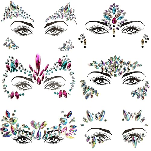 Joyas faciales 6 calcomanías de cristal facial para mujeres y niñas maquillaje diamantes de imitación joyas de cara de sirena gemas de ojos tatuajes