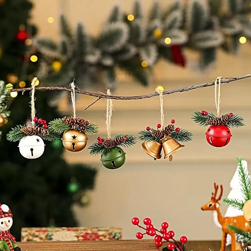 Miniatura 3 de Paquete de 5 adornos rústicos de campana de Navidad con piñas y bayas, decoración metálica colgante para árbol de Navidad, repisa, hogar (verde,