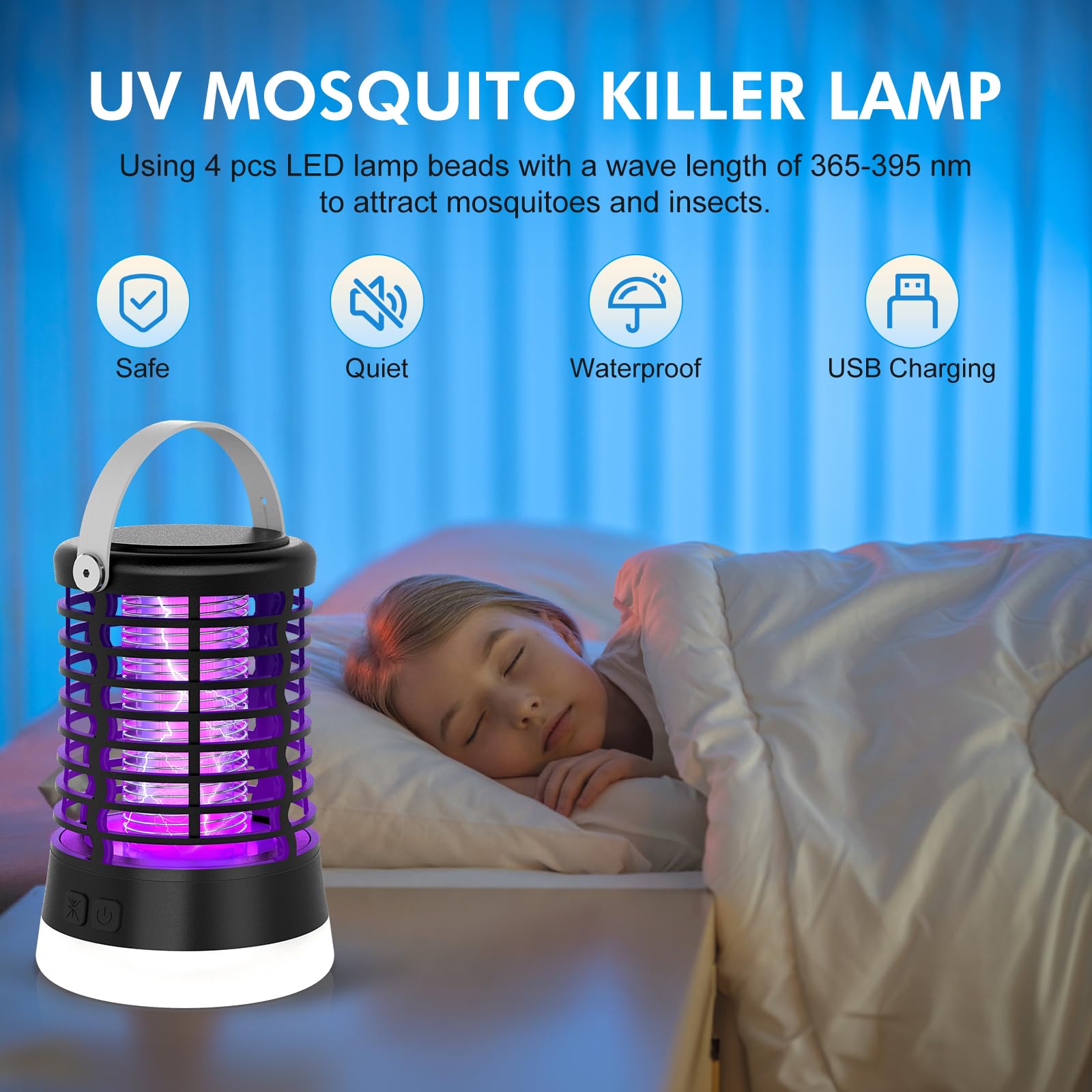 Lampe Anti Moustique Exterieur, Appareil Anti Moustique pour Camping avec Lumière LED, Destructeur d'Insectes, USB Rechargeable, IP66 Étanche, Batterie 2200mAh, Piege à Moustique Electrique