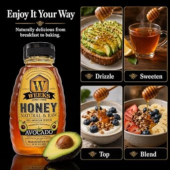 Weeks pure, raw & unfiltered Avocado honey, 16 oz - Local California sourced | Natural sweetener with unique taste for baking and more!
