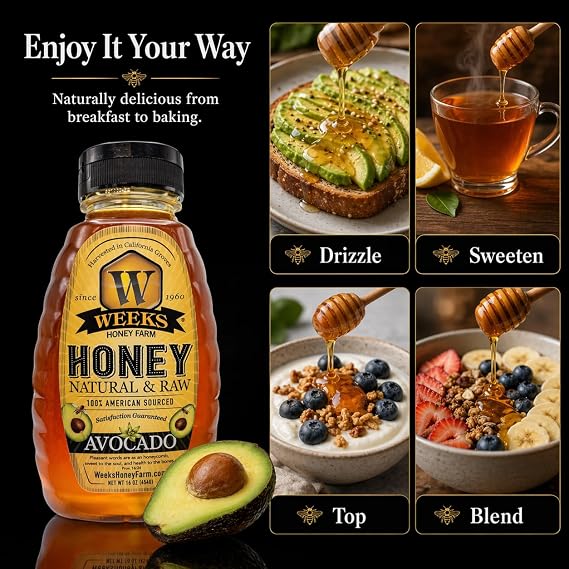 Weeks pure, raw & unfiltered Avocado honey, 16 oz - Local California sourced | Natural sweetener with unique taste for baking and more!